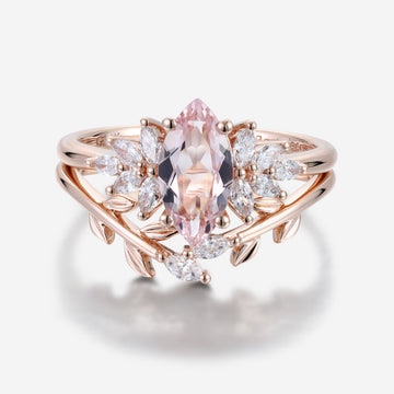 1.0 Carat Marquise cut Morganite + Moissanite Cluster Engagement Ring Bridal Set