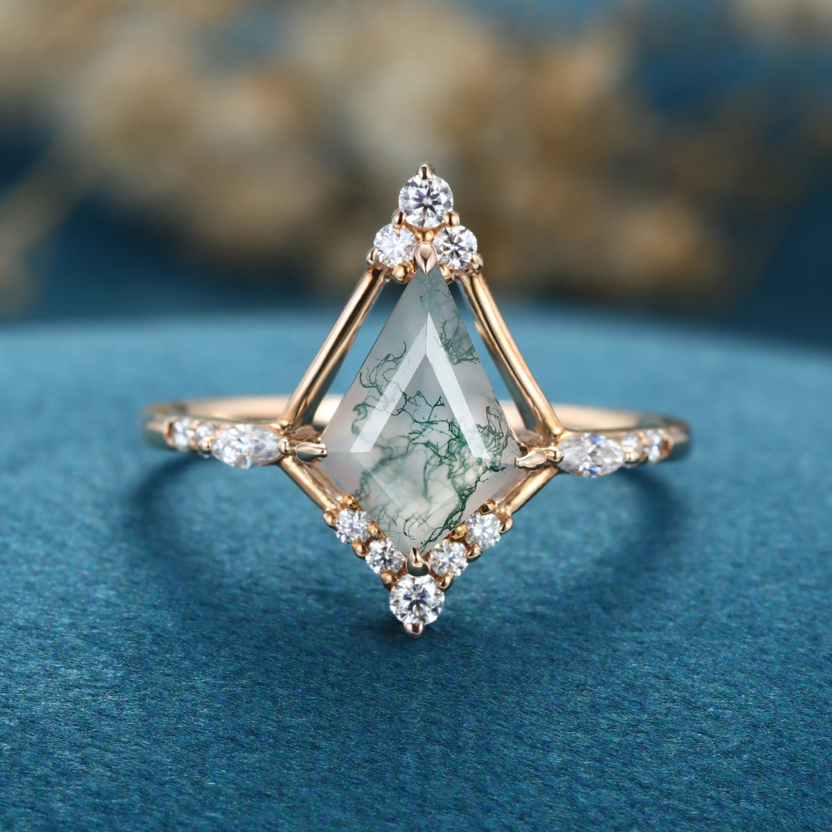 Kite cut Moss Agate Gold Engagement Ring