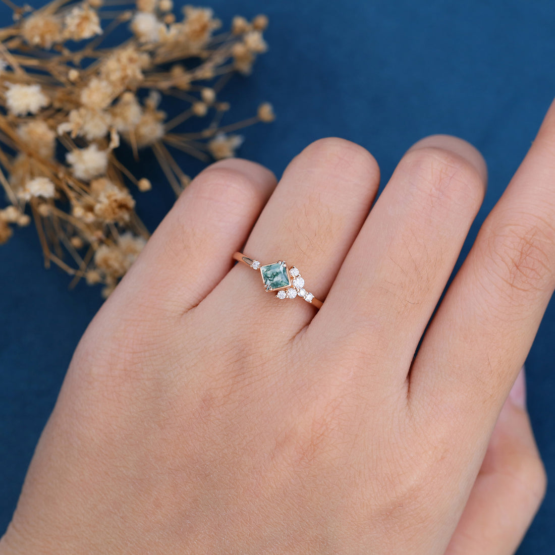 Princess Square  Cut Natural Green Moss Agate Cluster Engagement Ring