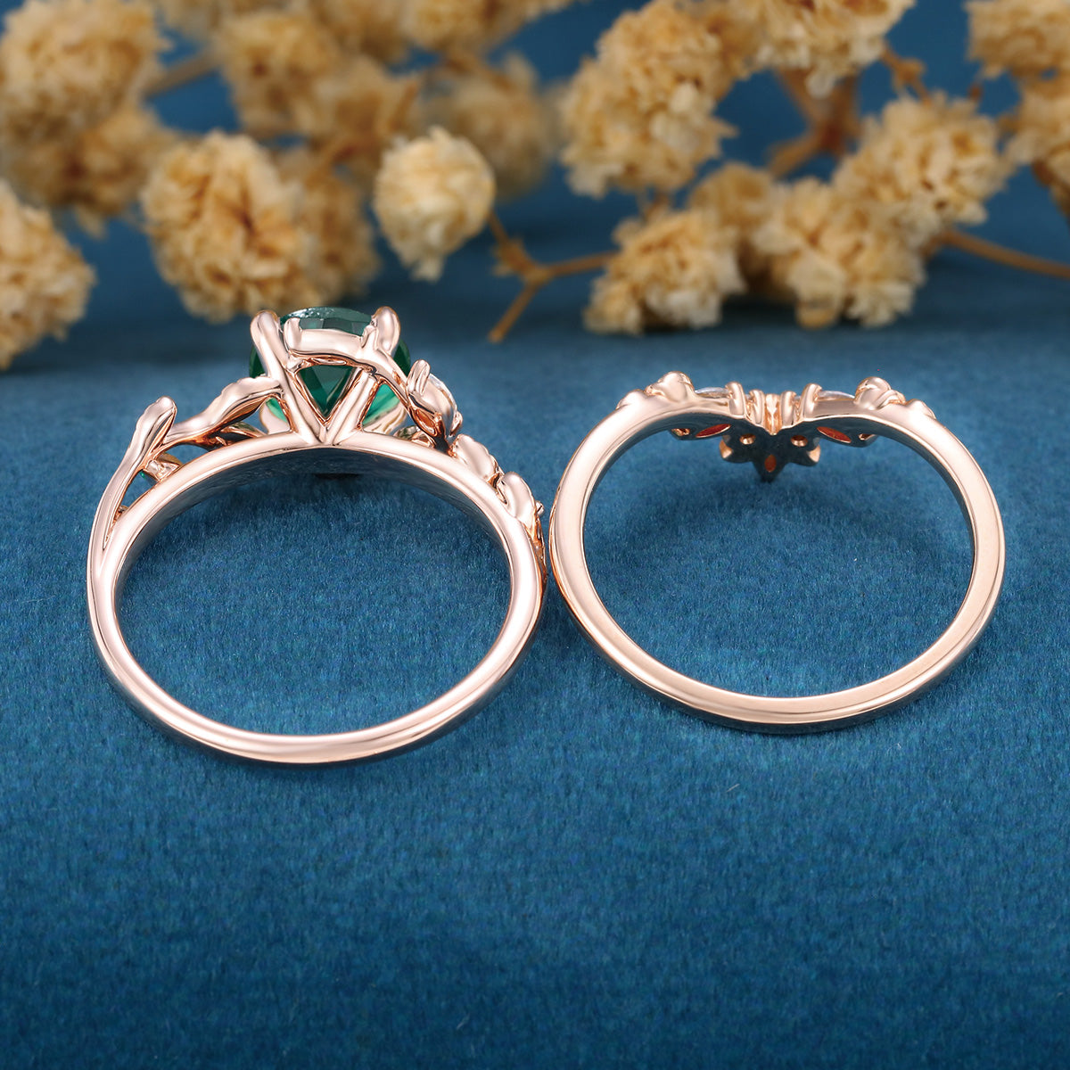Vintage Round cut Lab Emerald Wedding Bridal set