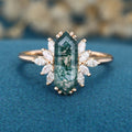 Long Hexagon cut Moss Agate Solid Gold Engagement Ring