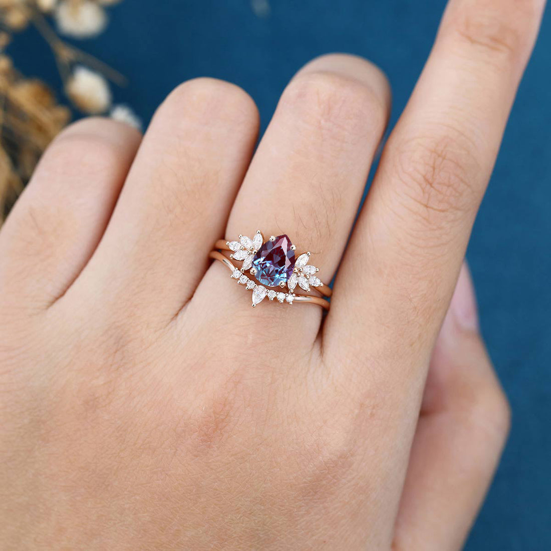 Pear cut Lab Alexandrite | Diamond Engagement Ring Bridal Set