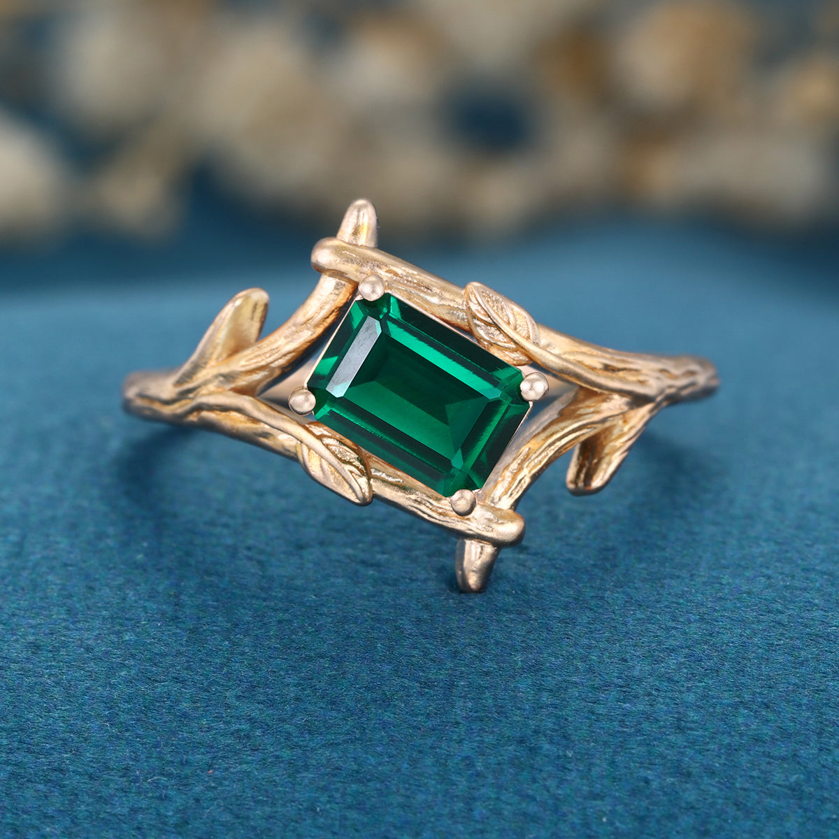 Nature Inspired Emerald cut Lab grown Emerald Solid Gold Engagement Ring