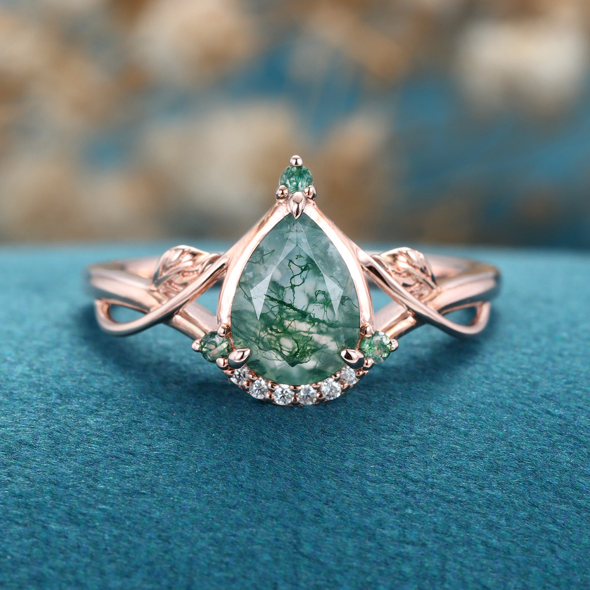 Nature Inspired Pear cut Moss Agate Solid Gold Engagement Ring