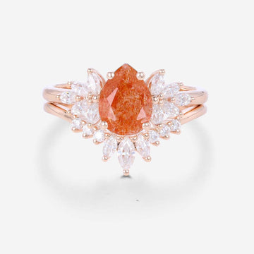 Pear cut Sunstone Cluster Engagement ring Bridal Set
