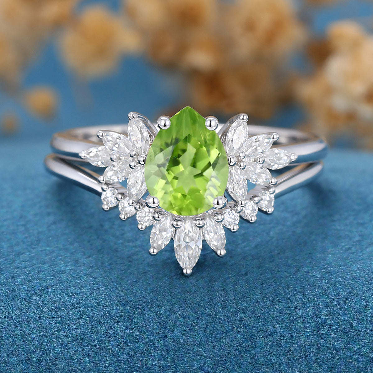 Pear cut Olivine Cluster Engagement ring Bridal Set