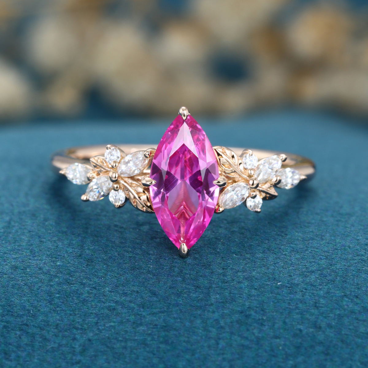 Marquise cut Lab Grown Pink Sapphire Solid Gold Engagement Ring