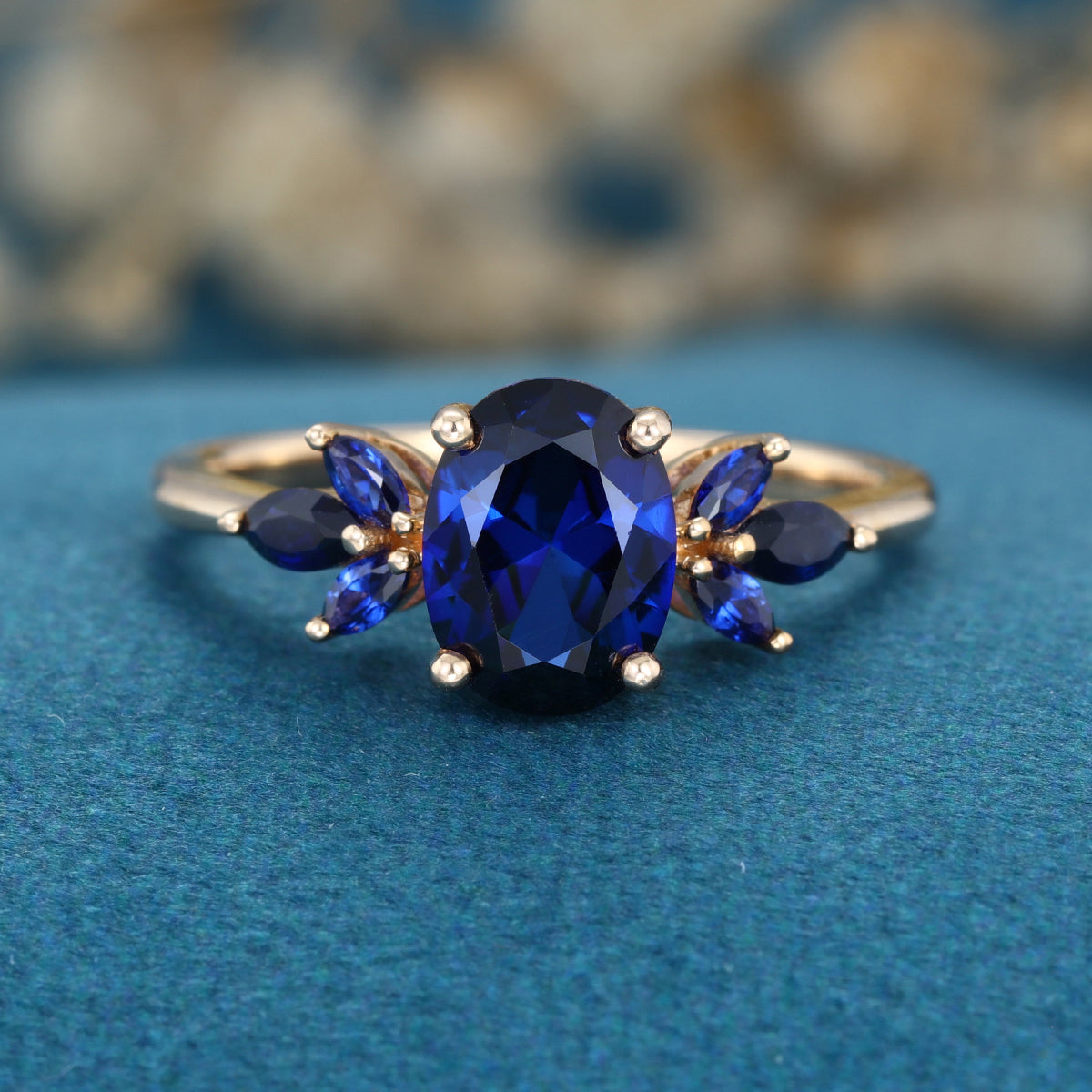 Pear Cut Lab Blue Sapphire Solid Gold Engagement Ring