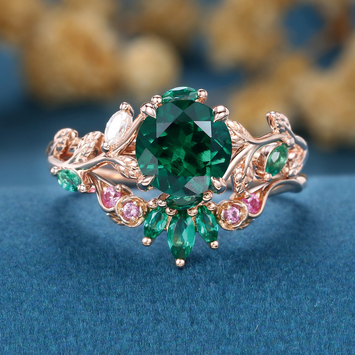 Round cut Lab Emerald  + Pink Sapphire | Emerald Wedding bridal set