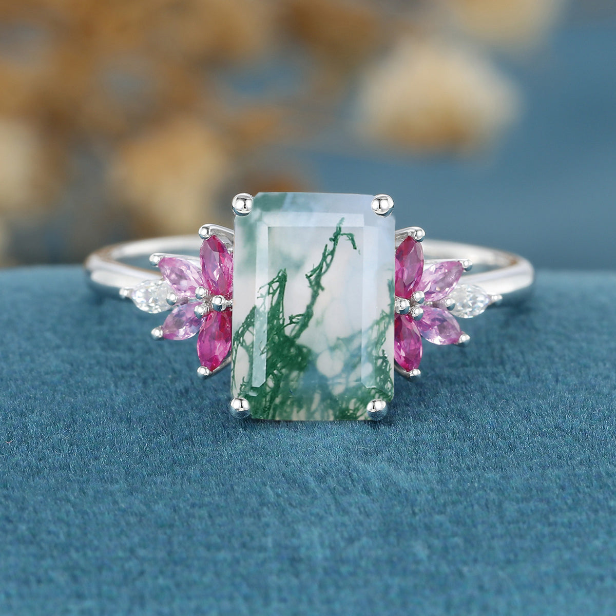 Radiant Cut Natural Green Moss Agate Cluster Engagement Ring