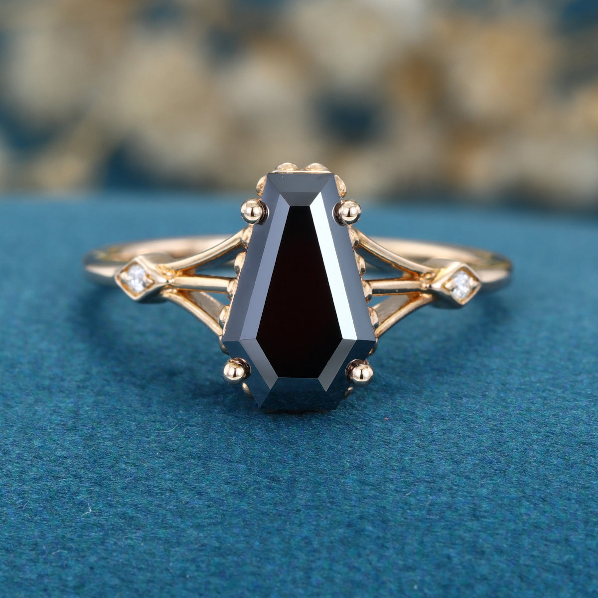 Coffin cut Black Onyx Solid Gold Engagement Ring