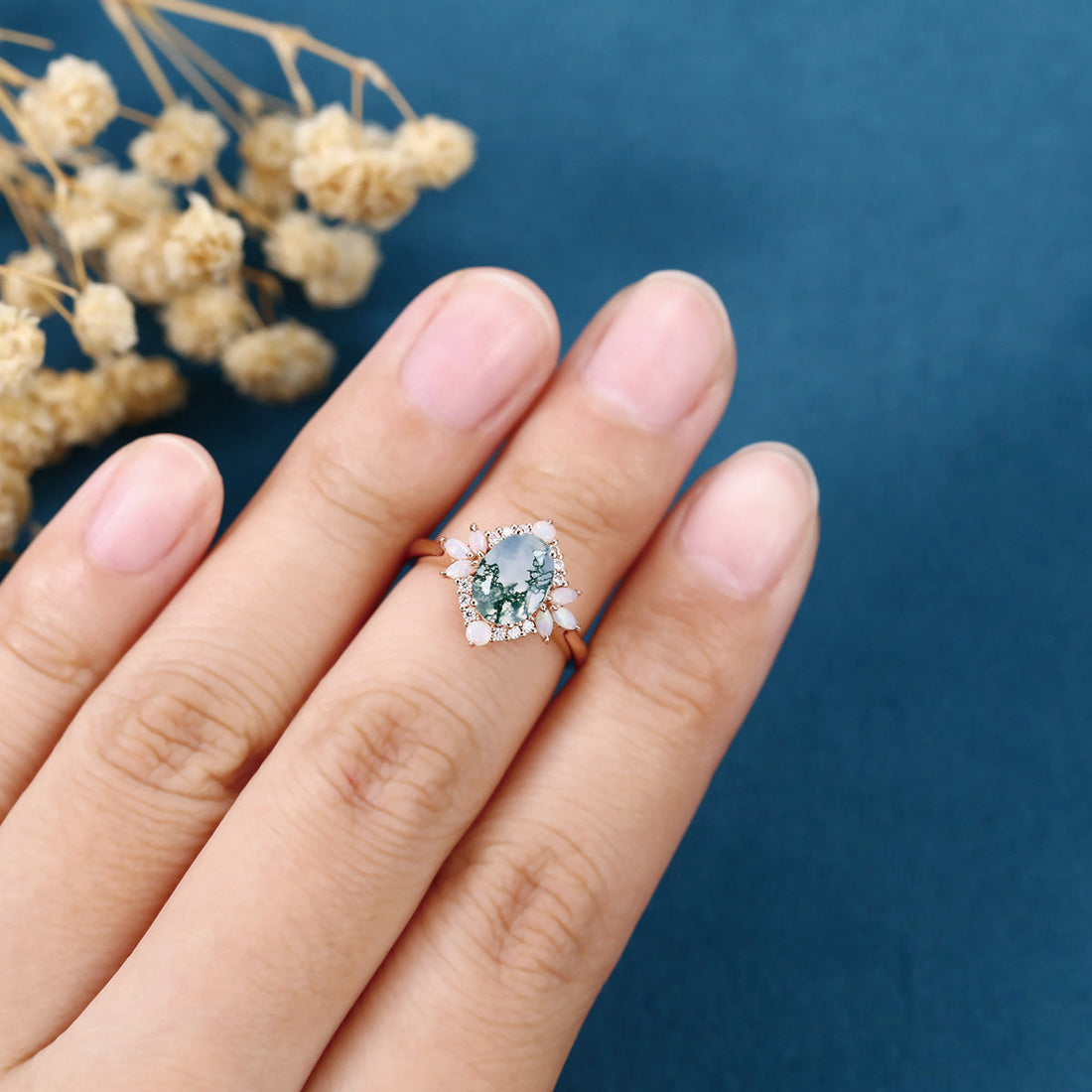 Oval cut Moss agate + Opal Rose Gold Engagement Ring