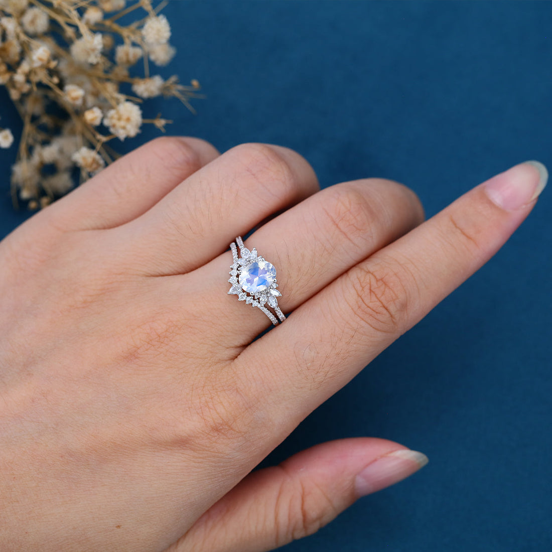 1.5 Carat Oval cut Moonstone Cluster Engagement ring Bridal Set