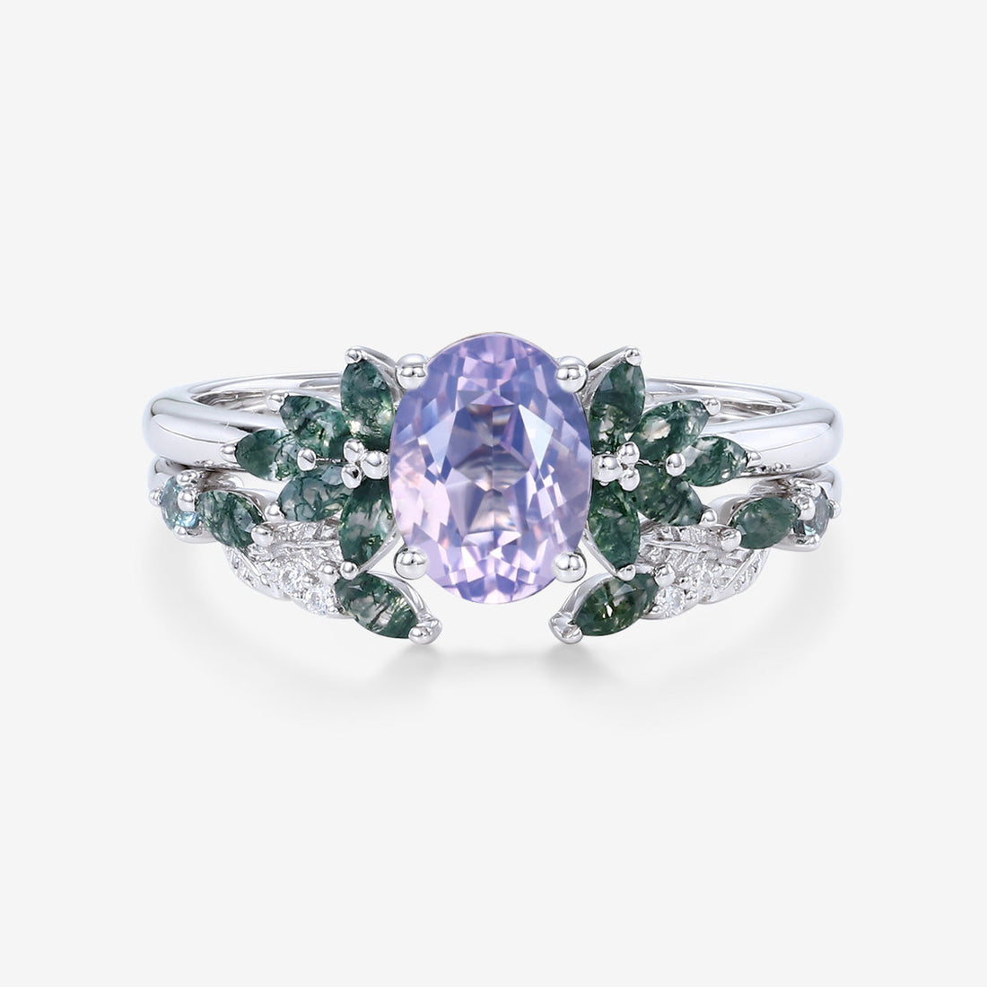 Vintage Oval cut Lavender Amethyst  + Moss agate Wedding Bridal Set
