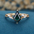 Kite cut Lab grown Blue green Sapphire Solid Gold Engagement Ring