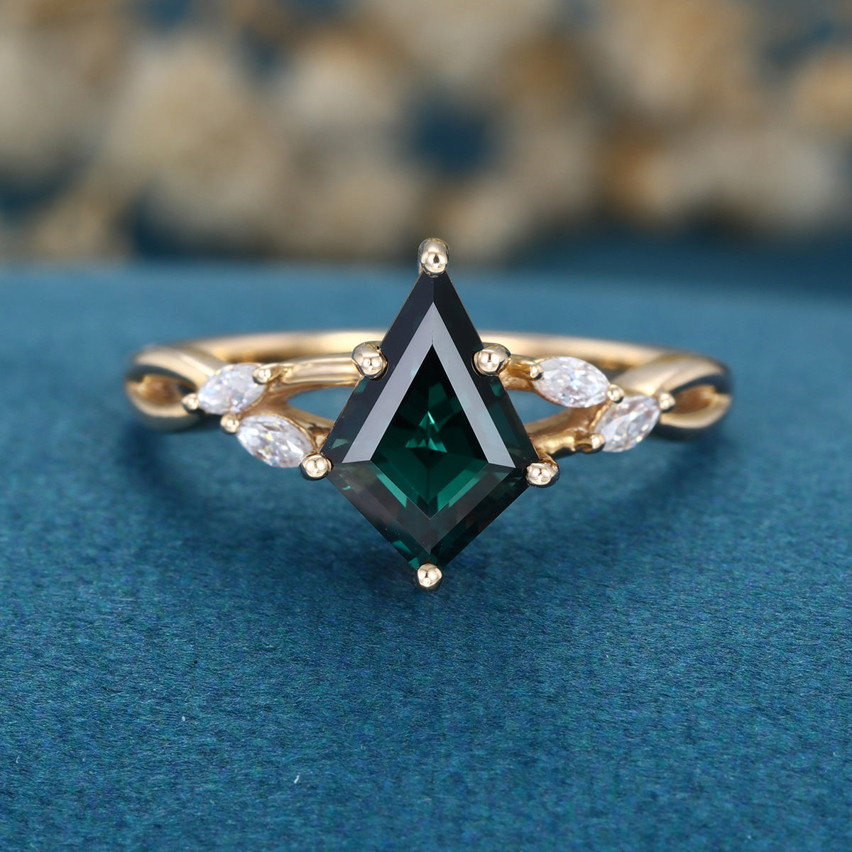 Kite cut Lab grown Blue green Sapphire Solid Gold Engagement Ring