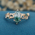 Nature Inspired Marquise cut Moss Agate Solid Gold Engagement Ring