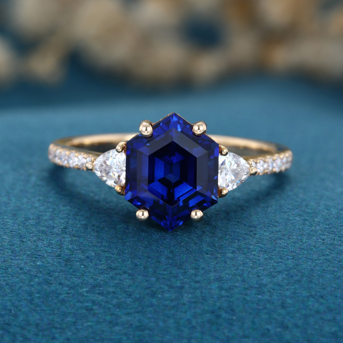 Hexagon cut Lab Blue Sapphire Solid Gold Engagement Ring