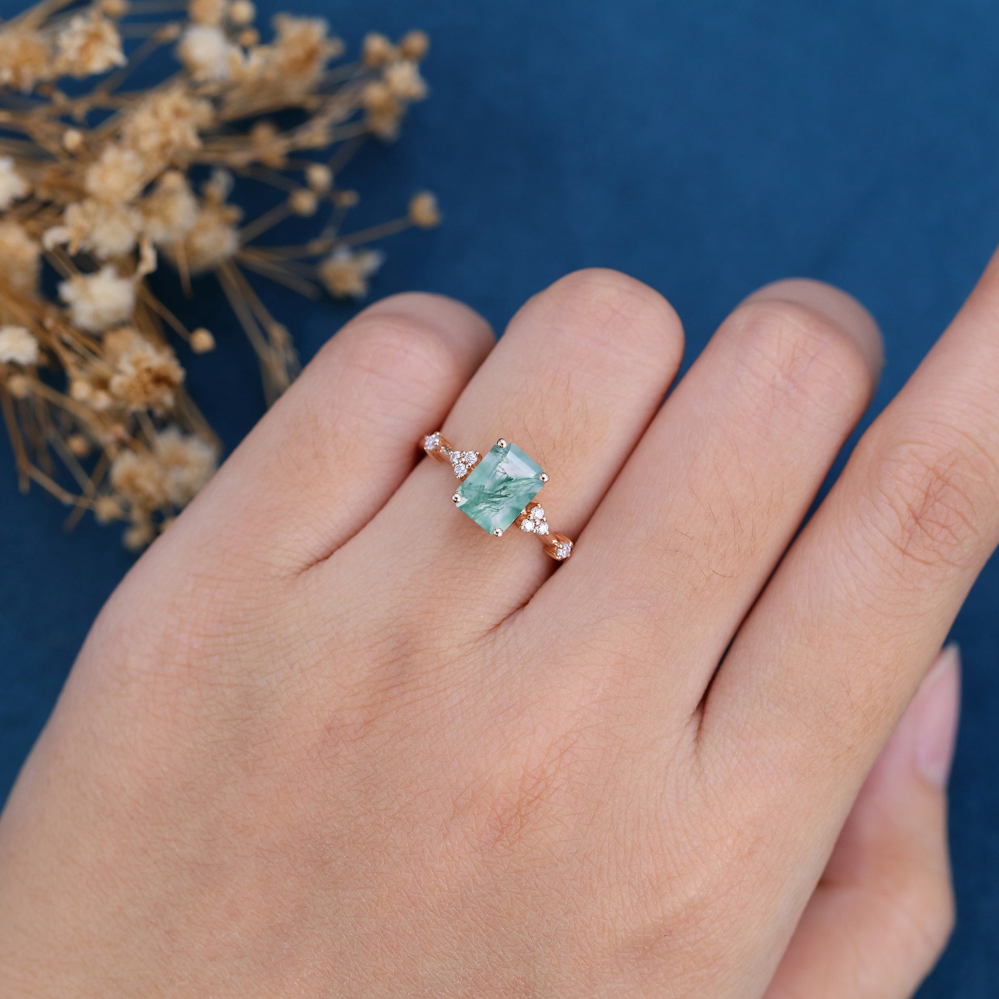 Emerald Cut Natural Green Moss Agate Cluster Engagement Ring