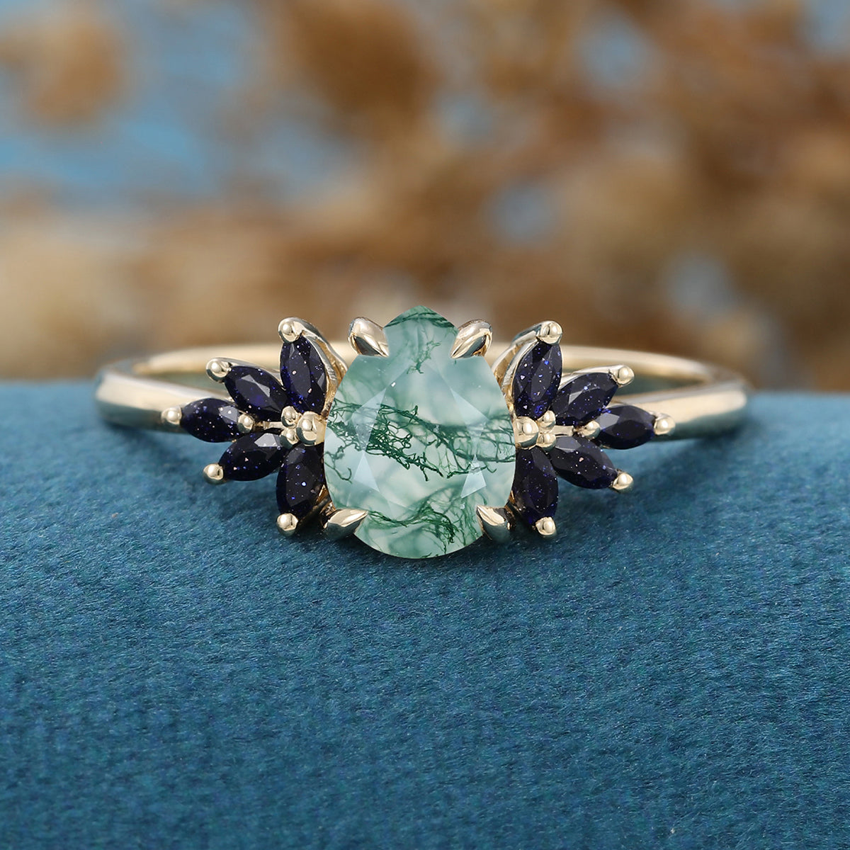 Pear Cut Natural Green Moss Agate Cluster Engagement Ring