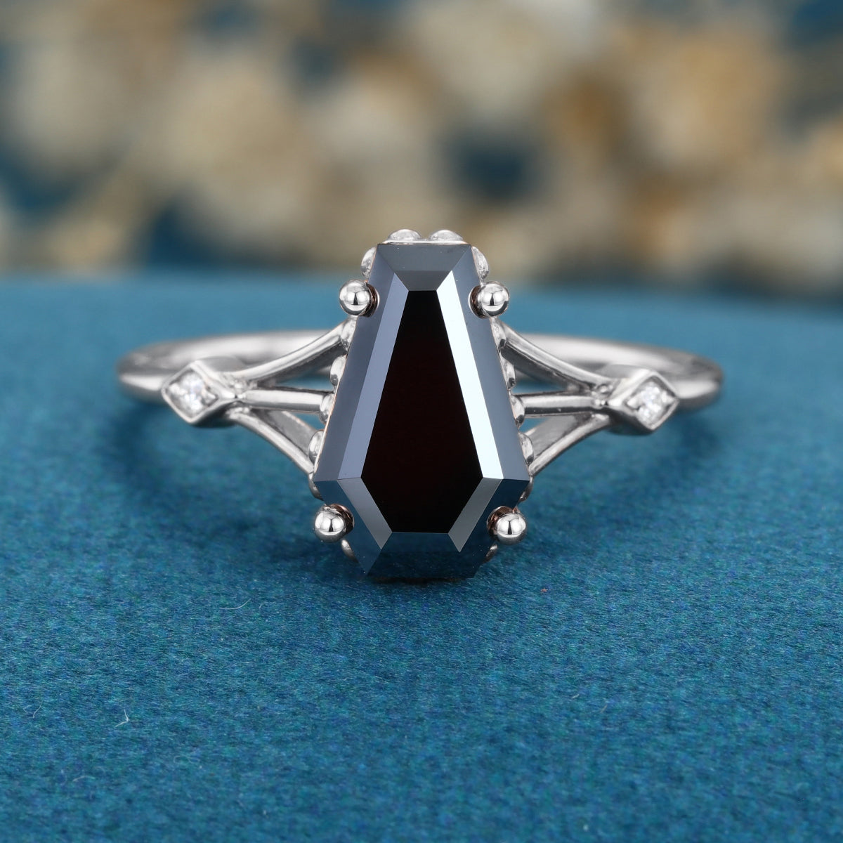 Coffin cut Black Onyx Solid Gold Engagement Ring