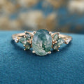 Oval cut Moss Agate + Diamonds Solid Gold Engagement Ring