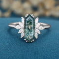 Long Hexagon cut Moss Agate Solid Gold Engagement Ring