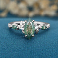 Nature Inspired Marquise cut Moss Agate Solid Gold Engagement Ring