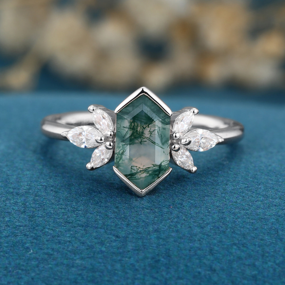 Bezel setting Hexagon cut Moss agate Solid Gold Engagement Ring
