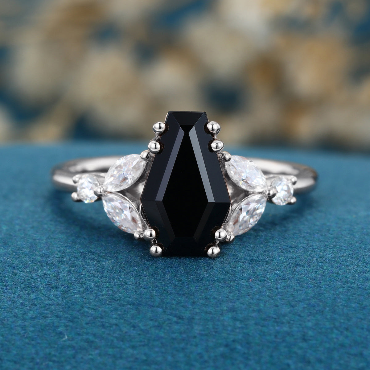 Coffin cut Black Onyx Solid Gold Engagement Ring