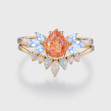 1.2 Carat Pear Sun Stone + Moonstone Cluster  | Opal wedding Bridal Set