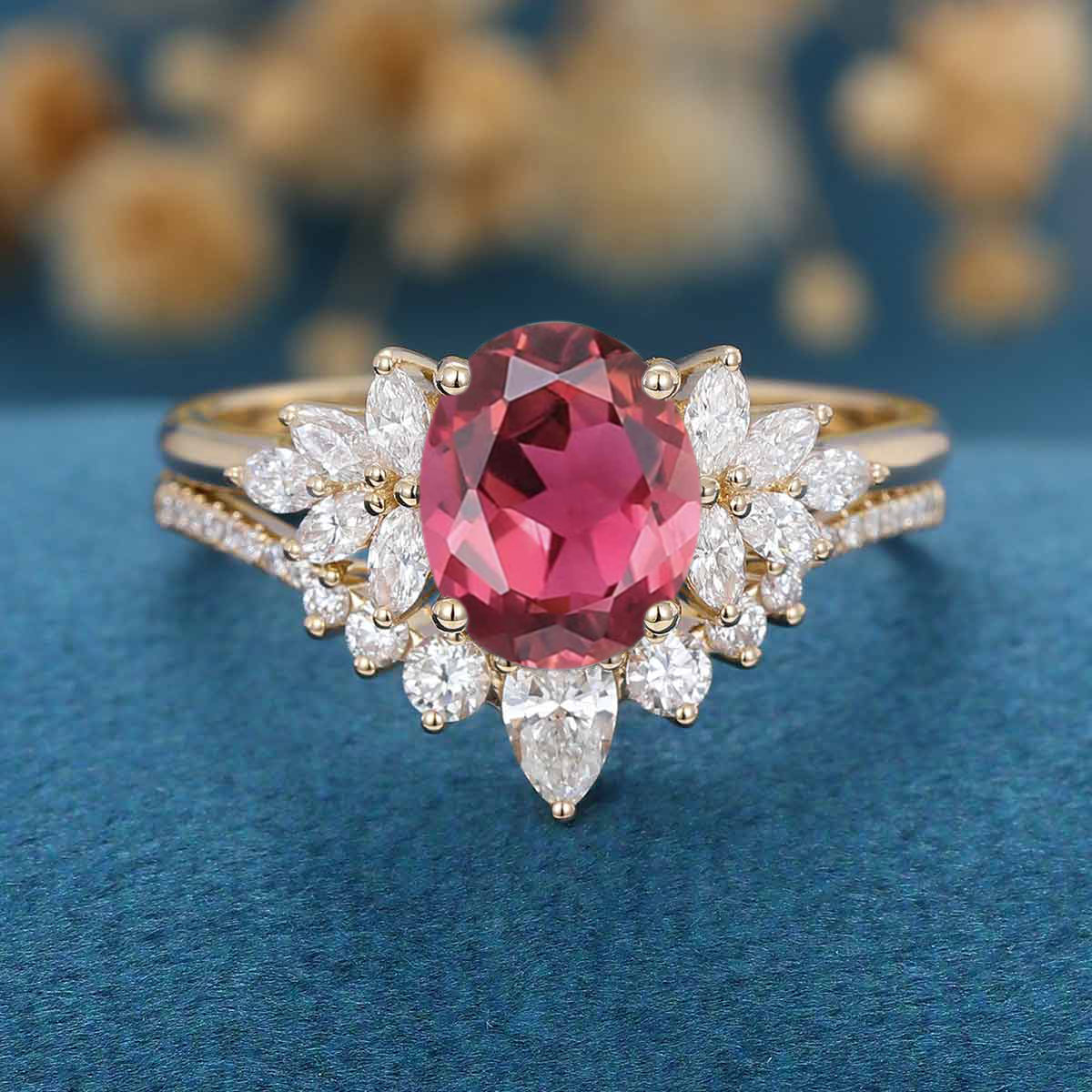 Oval cut Tourmaline Cluster Engagement ring Bridal Set
