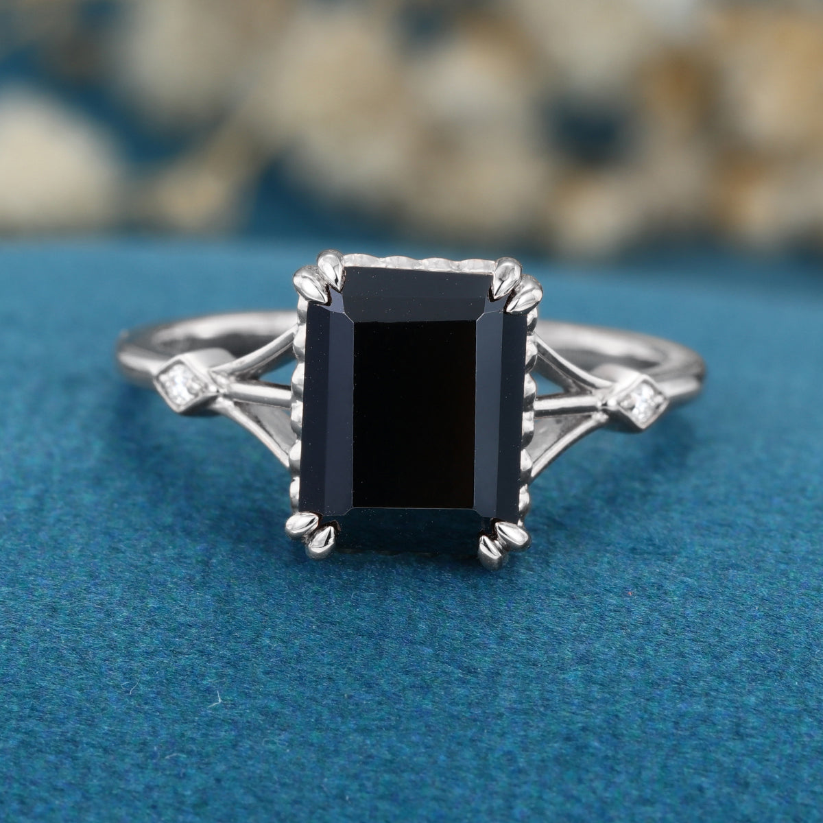 Emerald cut Black Onyx Solid Gold Engagement Ring