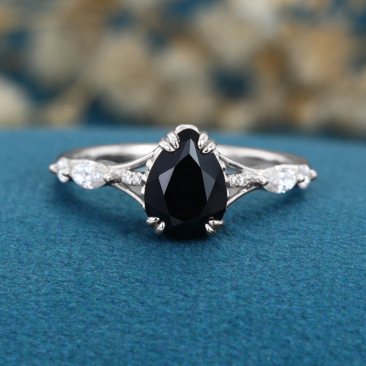 Pear cut Black Onyx Solid Gold Engagement Ring