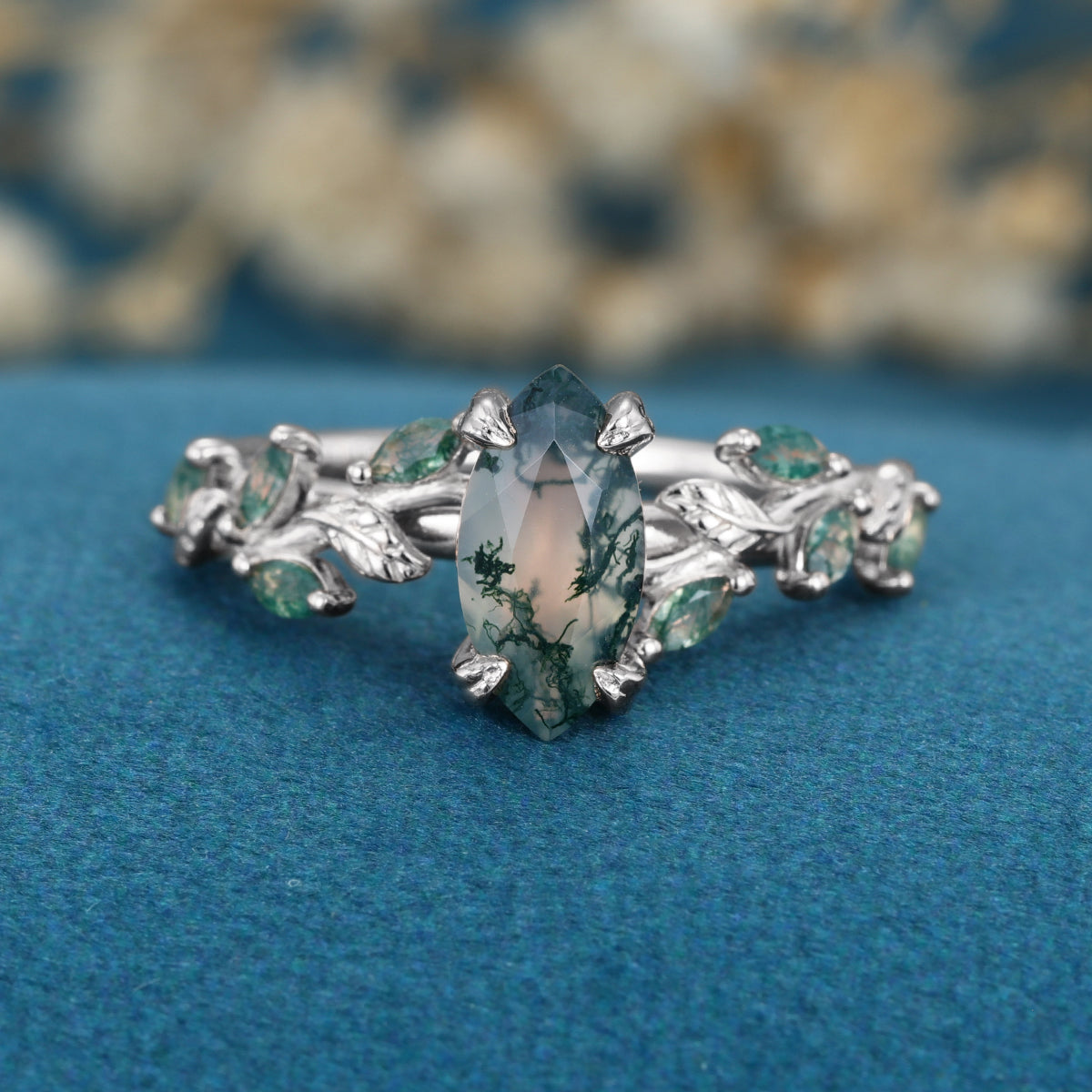 Nature Inspired Marquise cut Moss Agate Solid Gold Engagement Ring