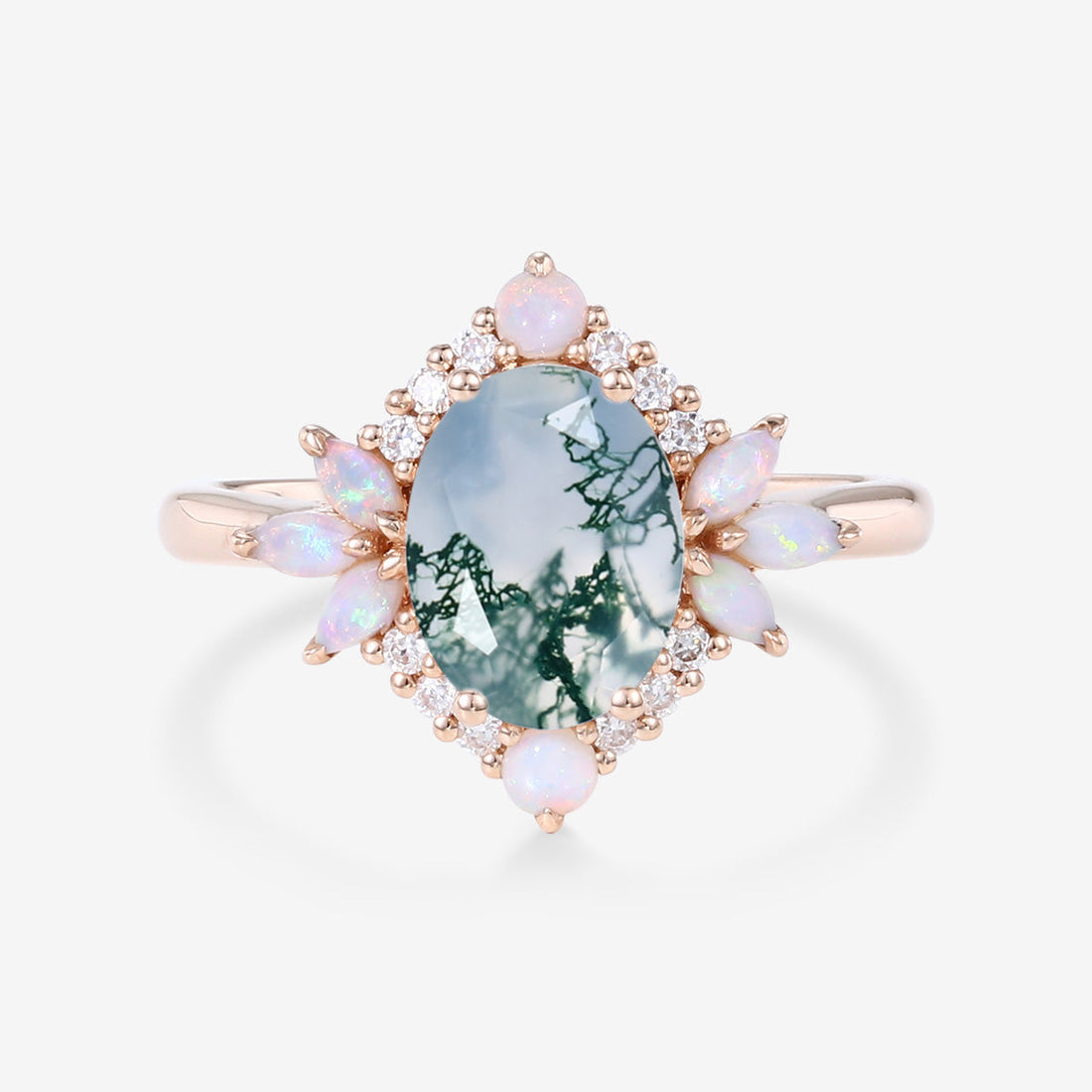 Oval cut Moss agate + Opal Rose Gold Engagement Ring