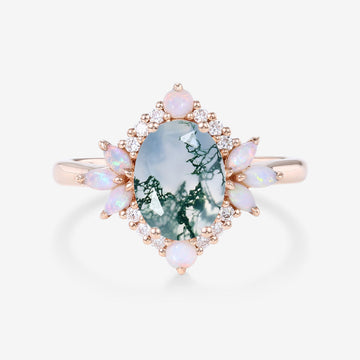 Oval cut Moss agate + Opal Rose Gold Engagement Ring