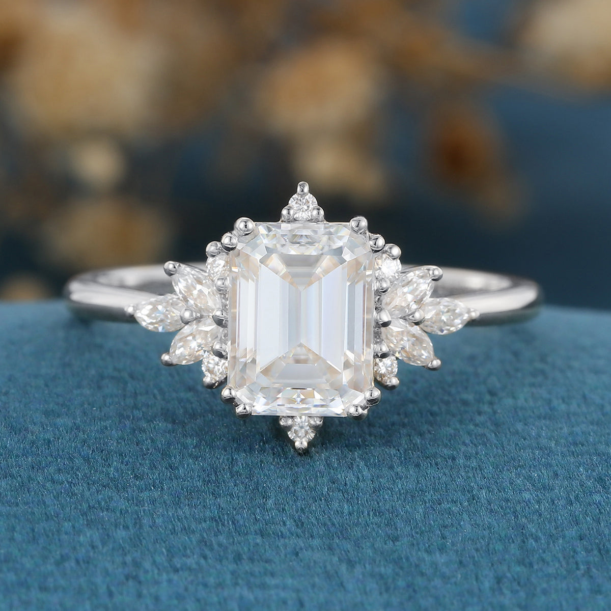 Emerald cut Moissanite Cluster Engagement ring