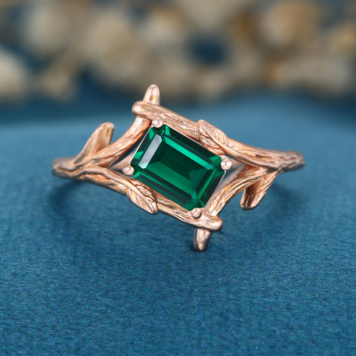 Nature Inspired Emerald cut Lab grown Emerald Solid Gold Engagement Ring