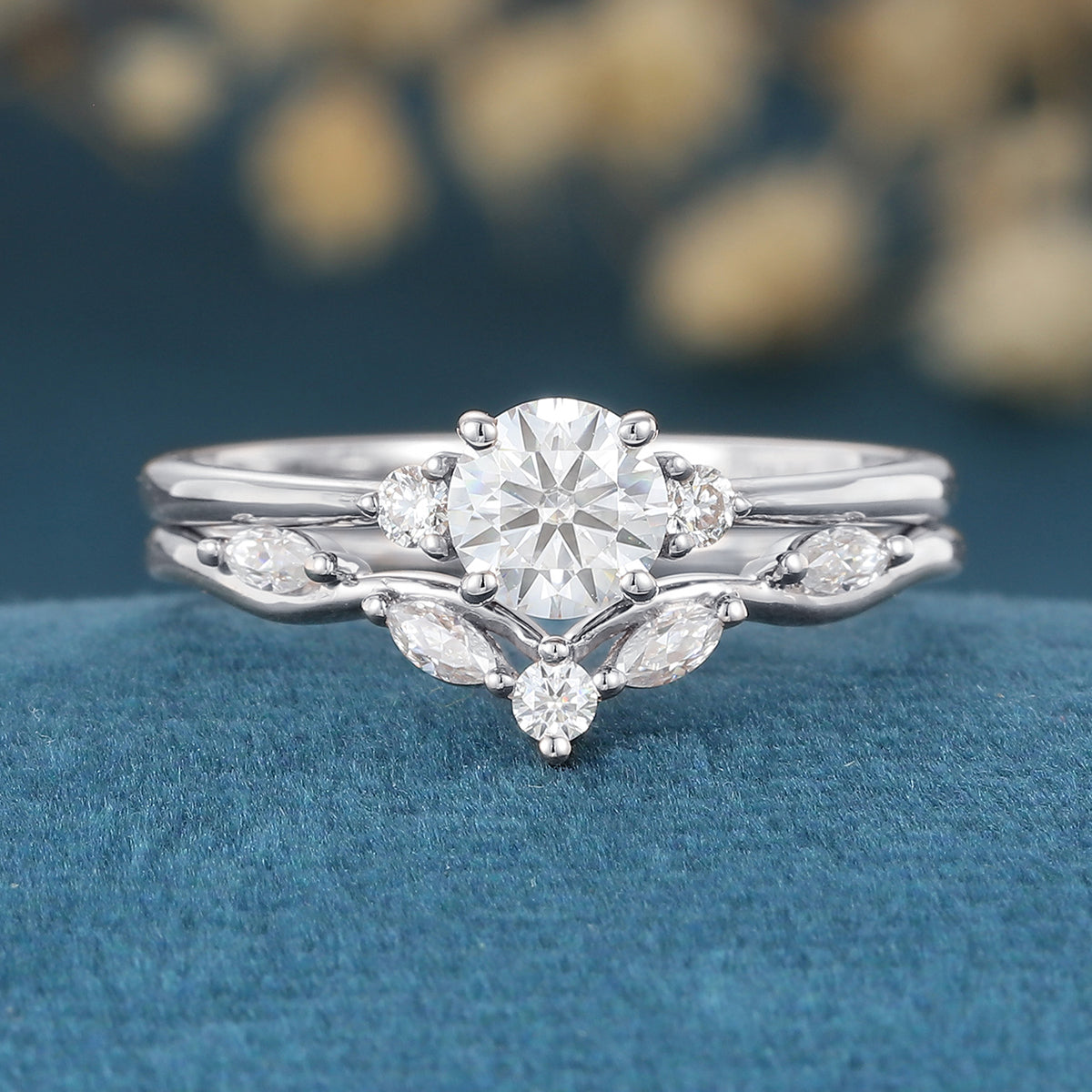 Round cut Moissanite Engagement ring White gold Diamond Wedding Bridal Set