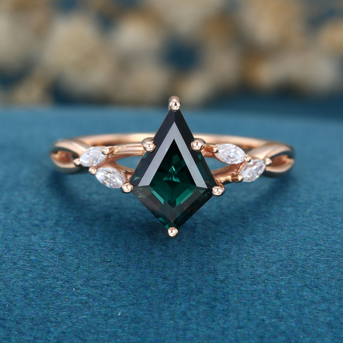 Kite cut Lab grown Blue green Sapphire Solid Gold Engagement Ring