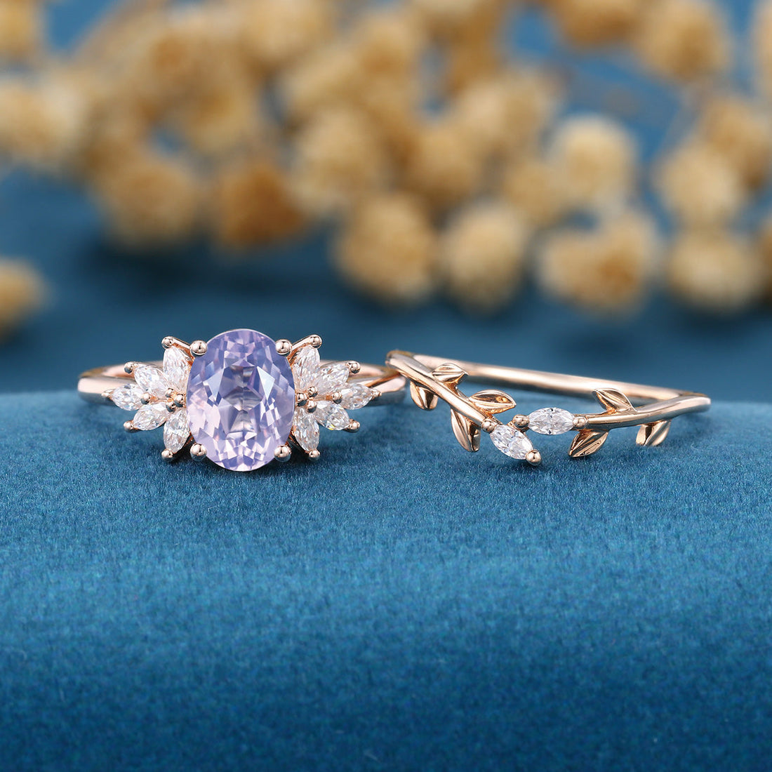 Oval Cut Lavender Amethyst Engagement Ring set Rose Gold Diamond Wedding Bridal Set