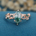 Nature Inspired Marquise cut Moss Agate Solid Gold Engagement Ring