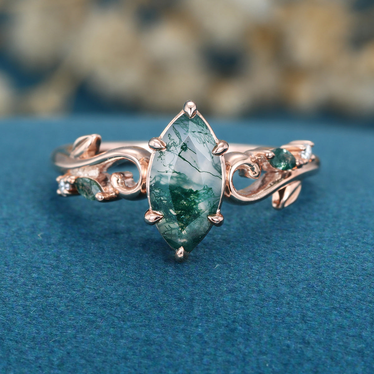 Nature Inspired Marquise cut Moss Agate Solid Gold Engagement Ring