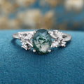 Oval cut Moss Agate + Diamonds Solid Gold Engagement Ring