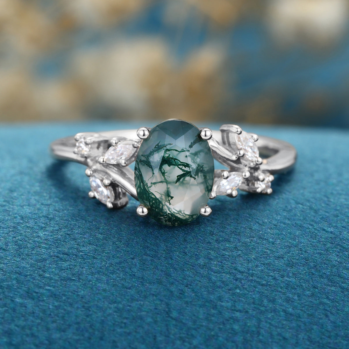 Oval cut Moss Agate + Diamonds Solid Gold Engagement Ring
