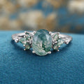 Oval cut Moss Agate + Diamonds Solid Gold Engagement Ring