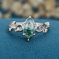 Nature Inspired Marquise cut Moss Agate Solid Gold Engagement Ring