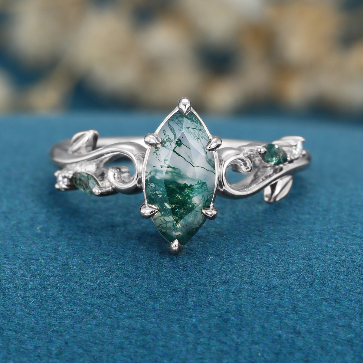Nature Inspired Marquise cut Moss Agate Solid Gold Engagement Ring