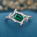 Nature Inspired Emerald cut Lab grown Emerald Solid Gold Engagement Ring